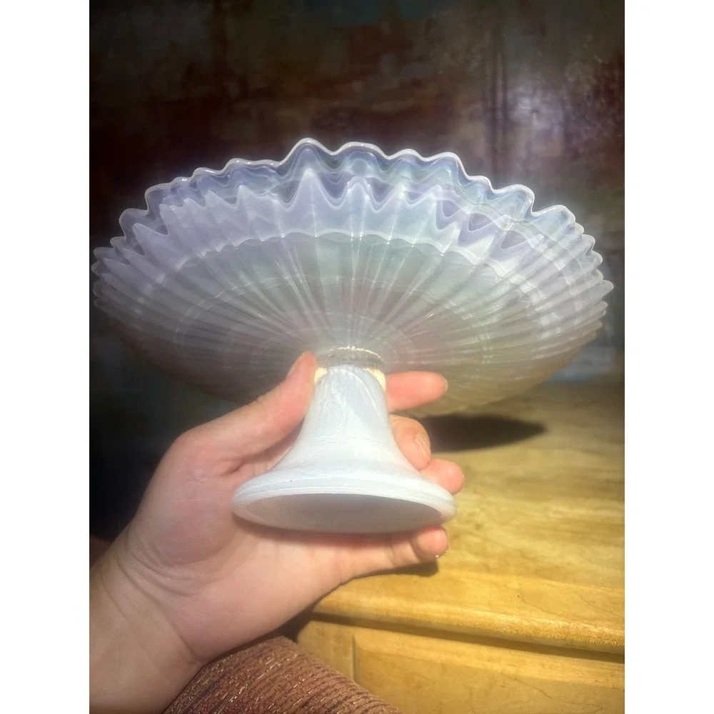 Iridescent Opalescent Art Glass Ruffled Pedestal Cake Stand Swirl 8.5